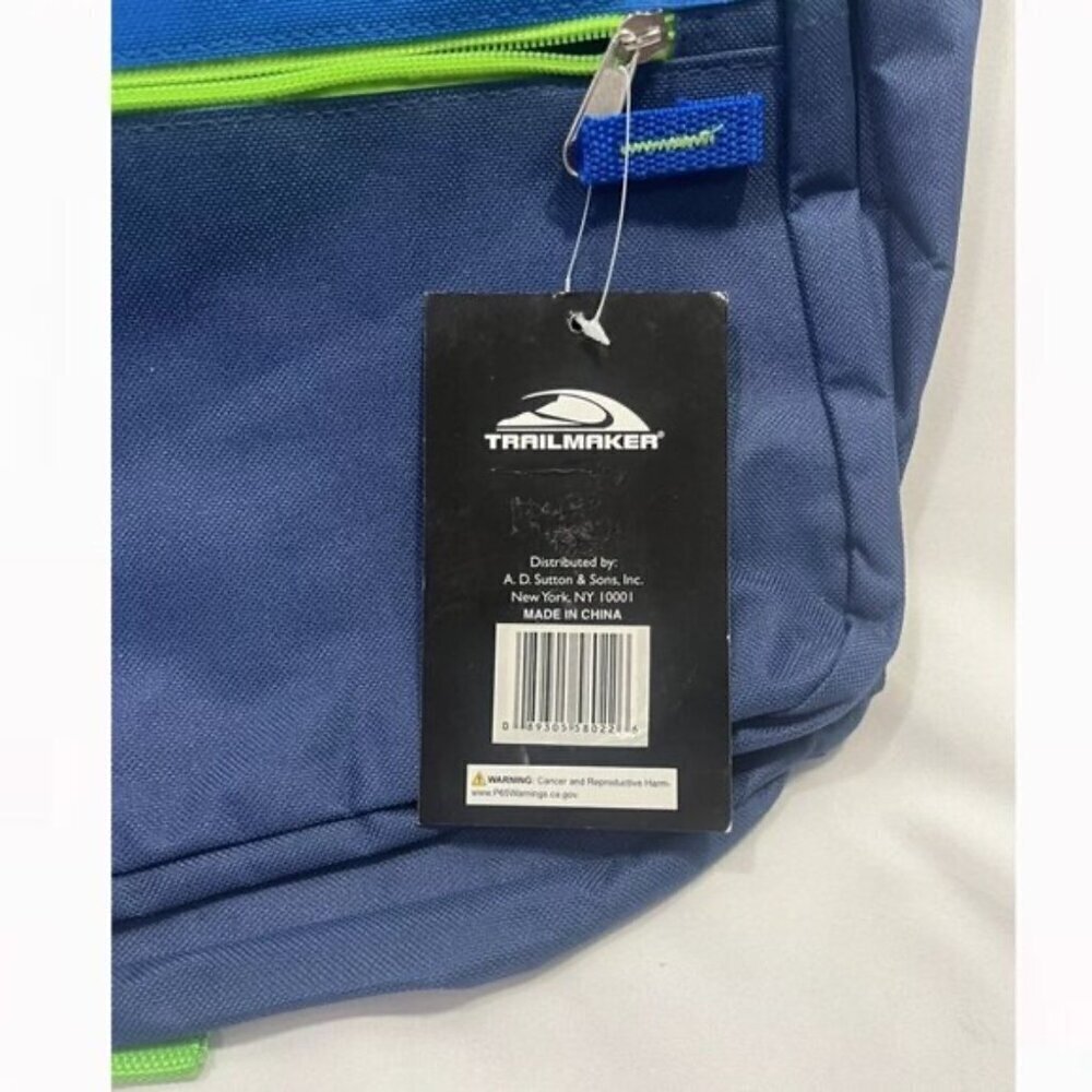 Trailmaker Backpack Classic Blue with Green Yellow Straps & Zipper NWT - Picture 3 of 9